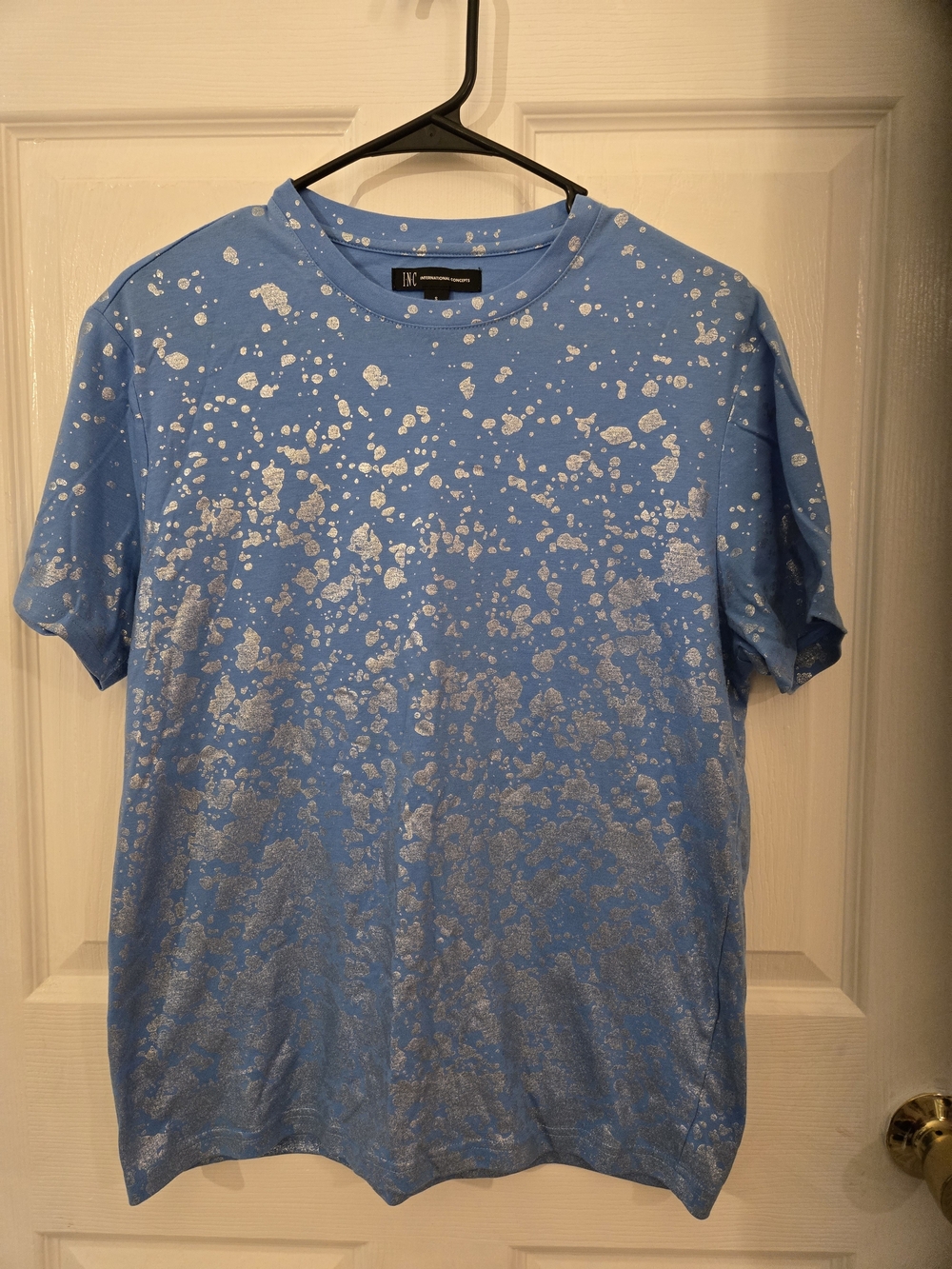 INC International Concepts Blue Tee with Metallic Silver Splatter